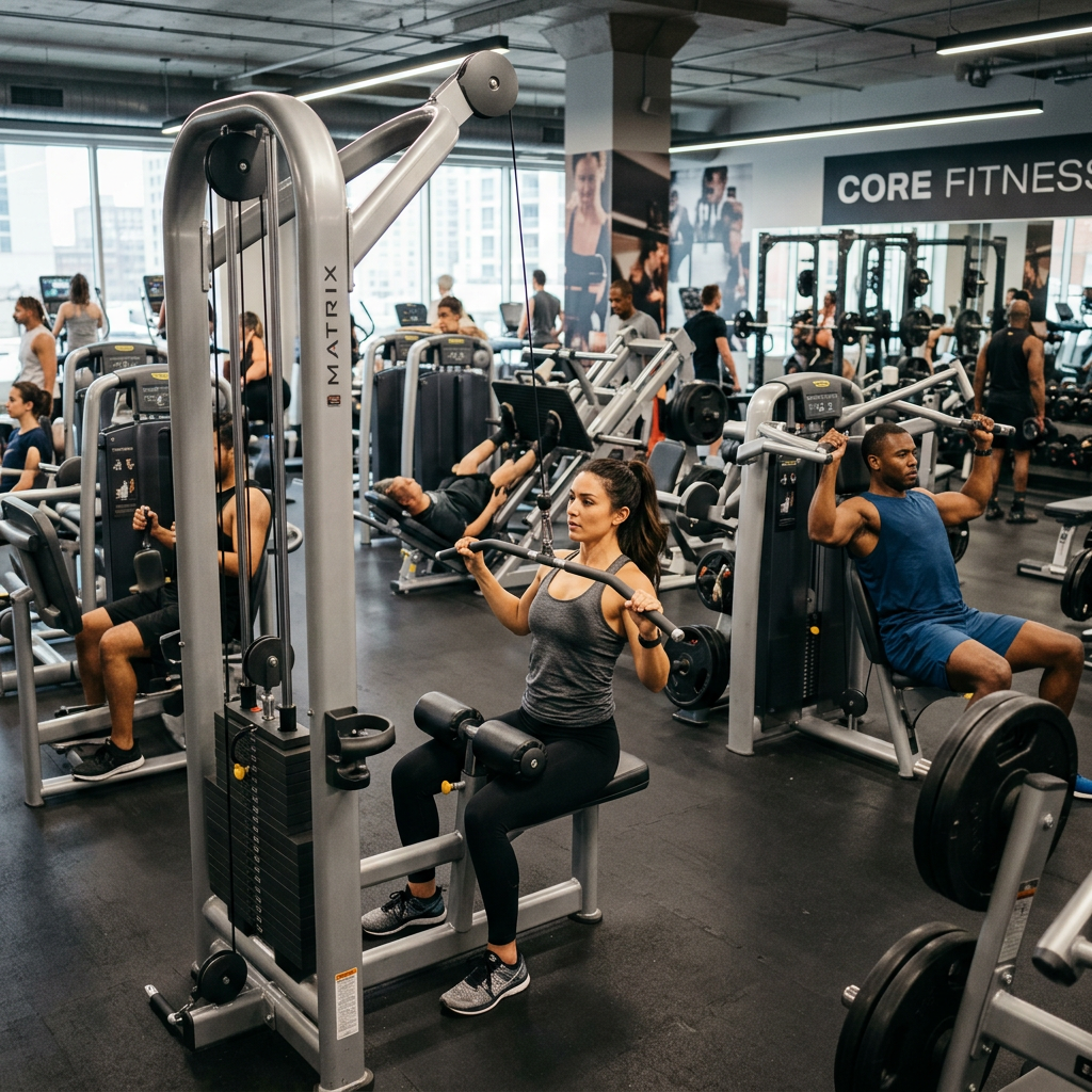 People exercising on strength-training machines in a busy gym