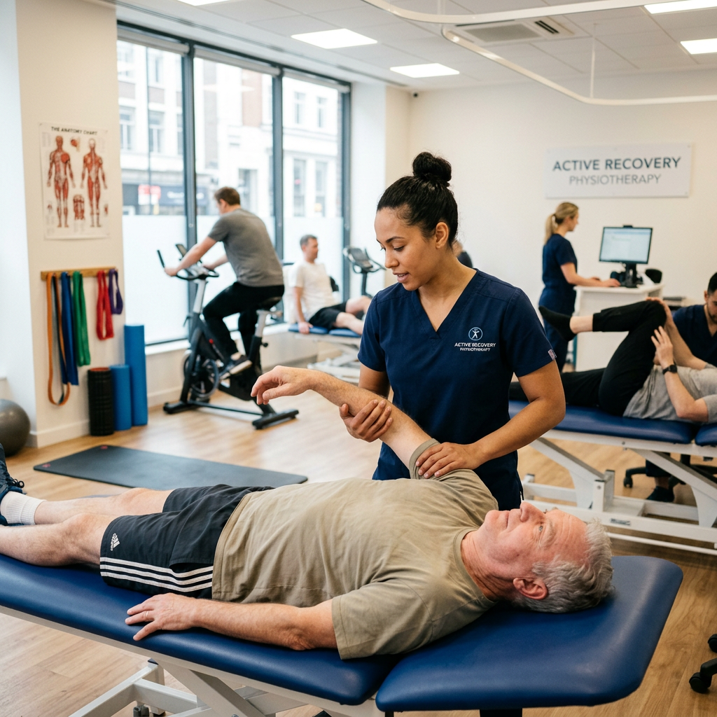 Physiotherapist stretches a male patient’s arm on a treatment table