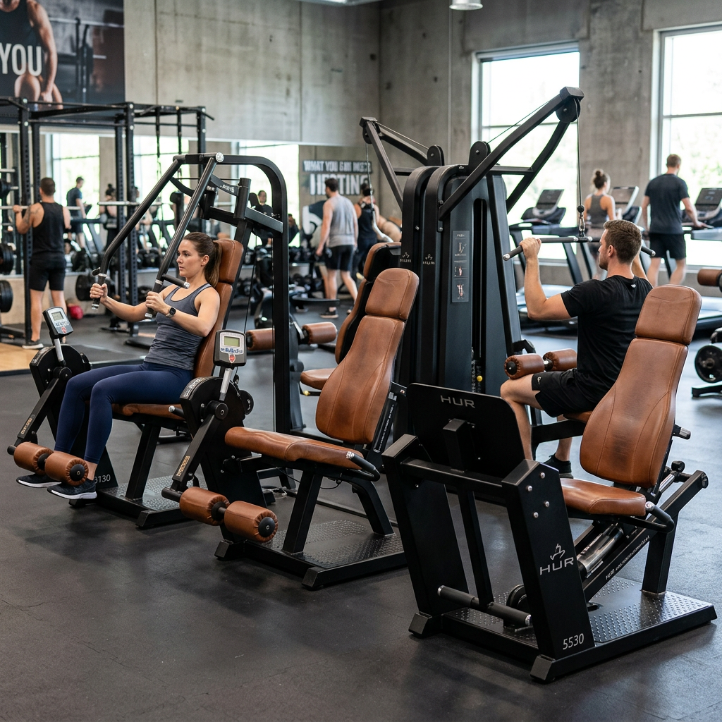 Two people exercising on resistance machines in a gym